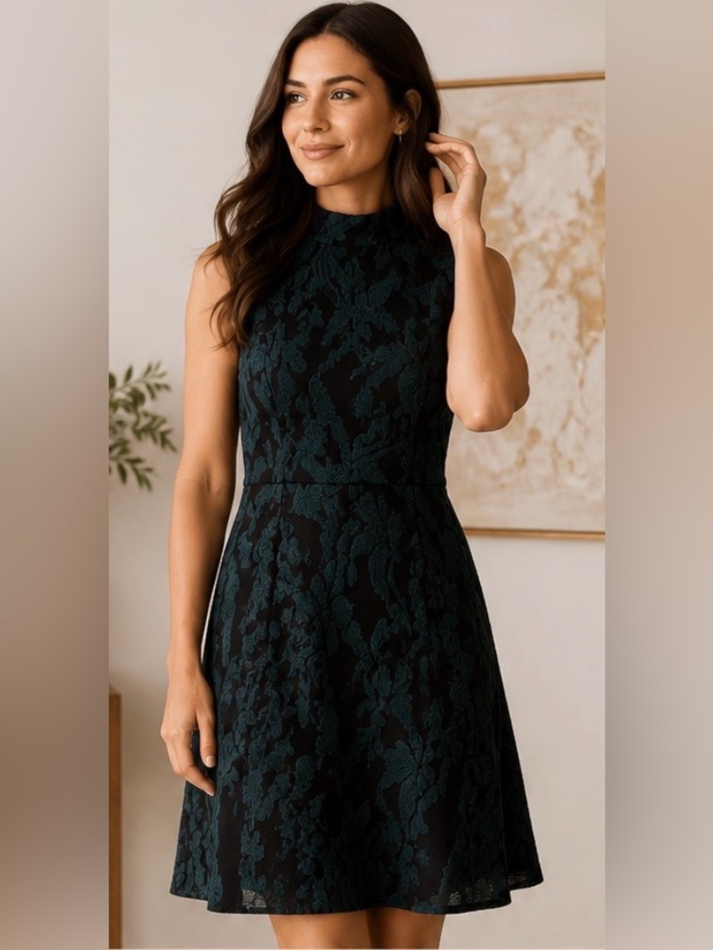 H&M Green Black Floral Lace Mock Neck Fit & Flare Dress Size 6